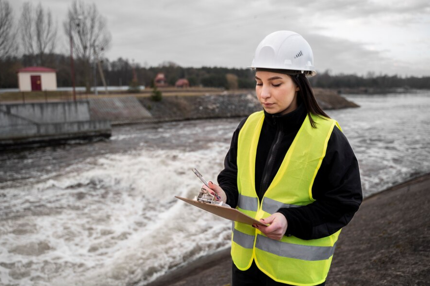 woman-doing-evaluation-of-a-river-water-flow