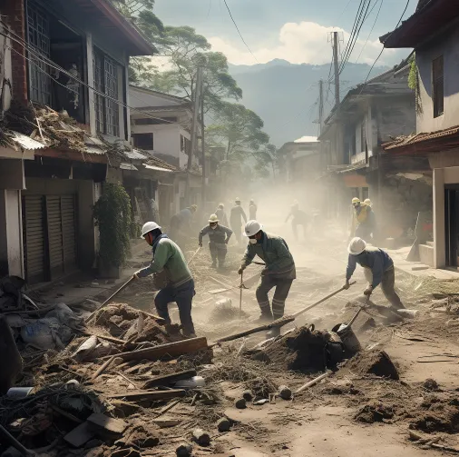 people collecting debris from houses after an earthquake